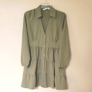 Zara Womens Olive Green Button Front Long Sleeve Mini Dress - Size Small
